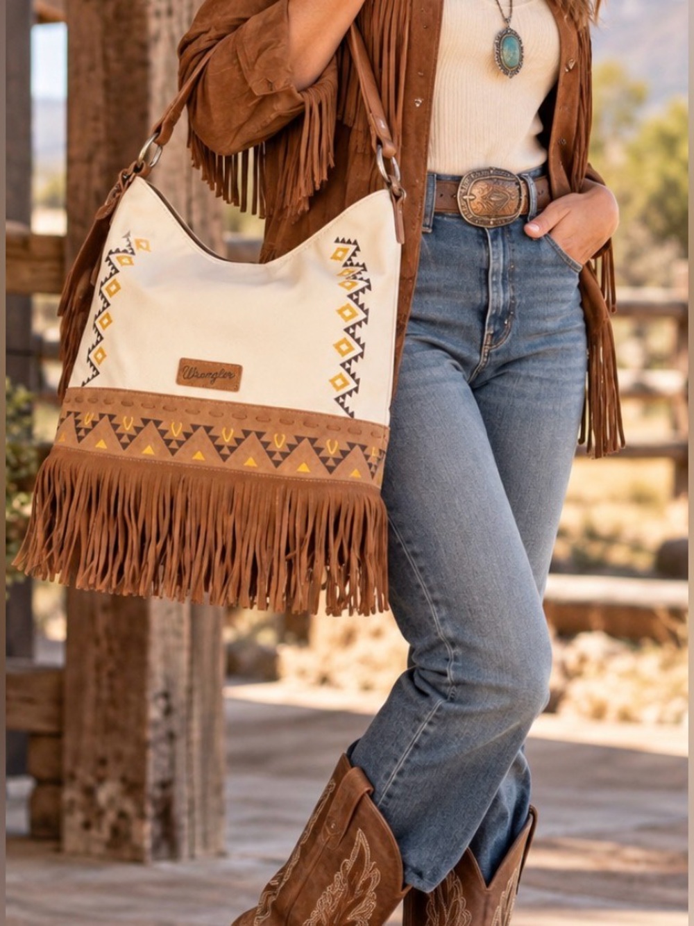 Wrangler Aztec Embroidered Fringe Hobo Shoulder Bag Western Boho NWT